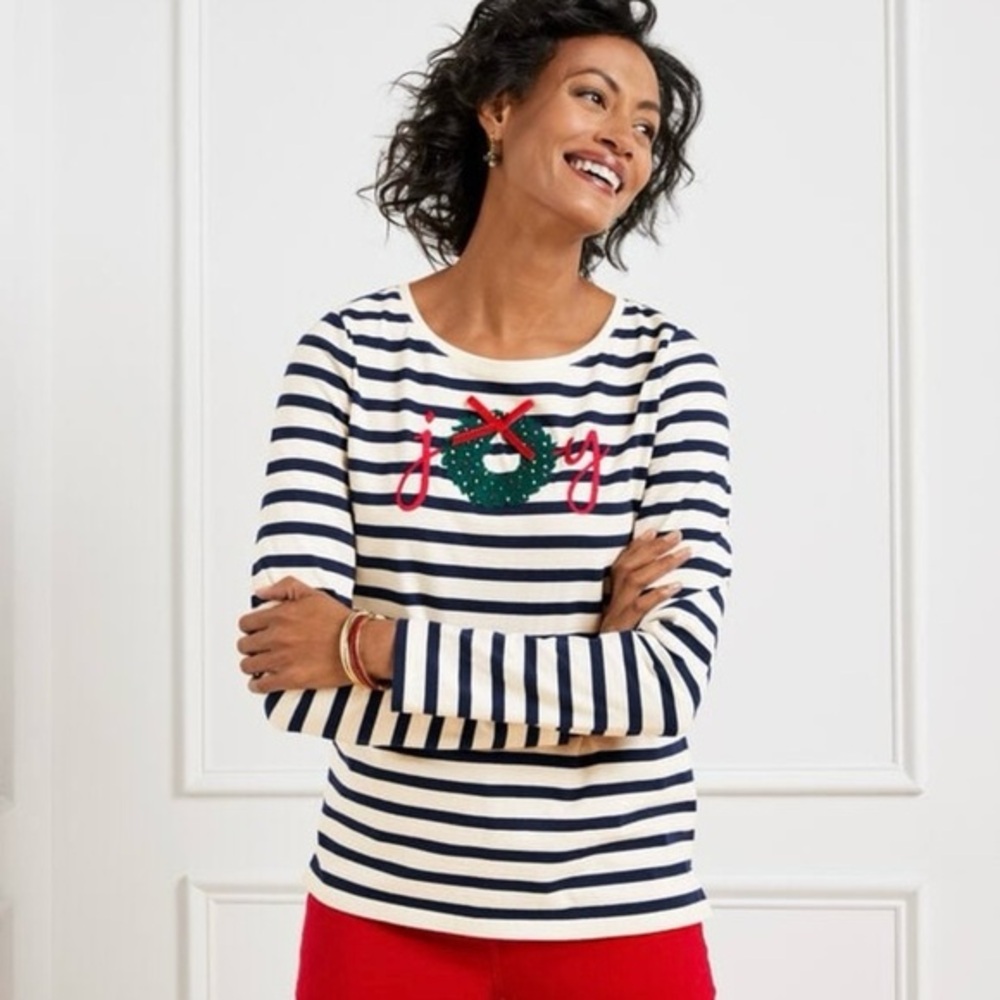 Talbots Stripe Joy Wreath Crewneck Tee Long Sleeve Top Women’s Size XS Christmas